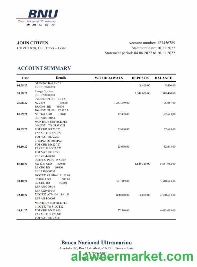 Timor - Leste BNU bank statement xls
